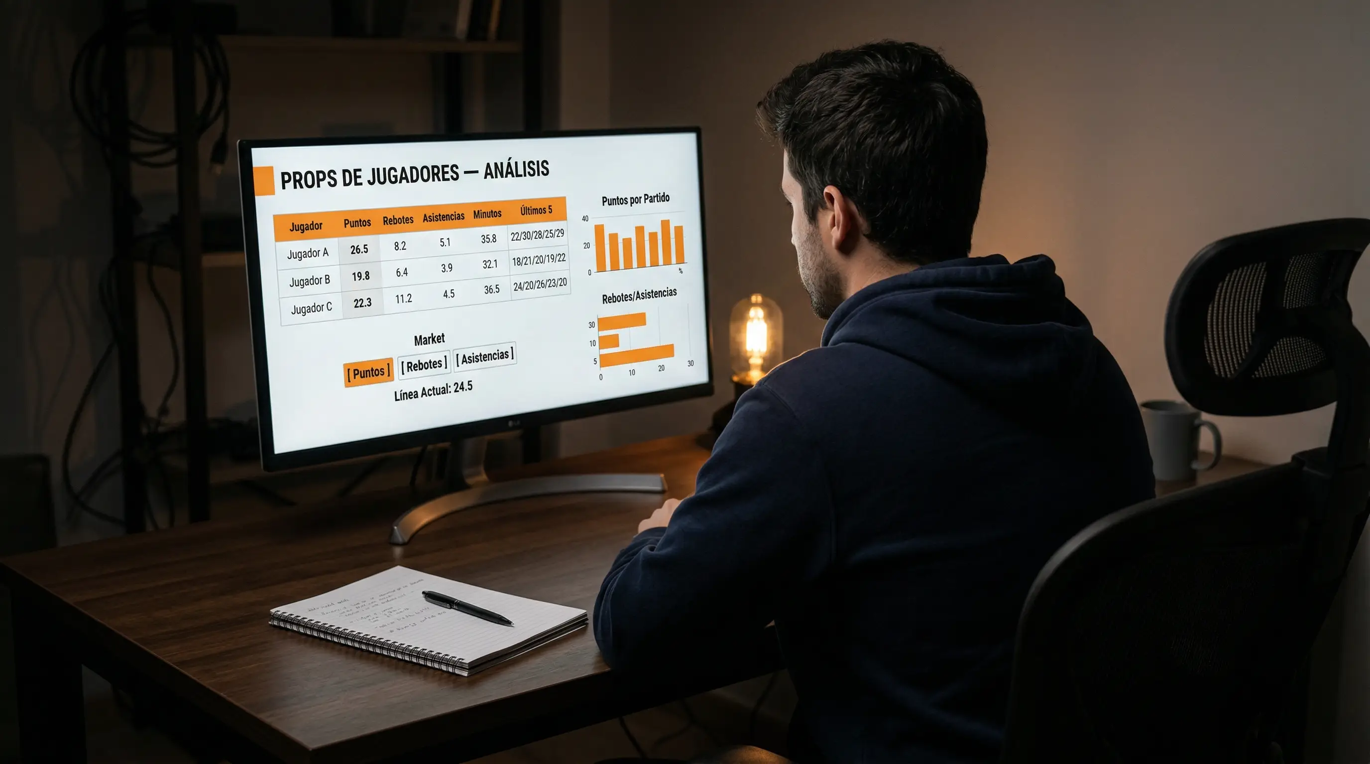 Analista revisando estadísticas de jugadores NBA en una pantalla con datos de rendimiento