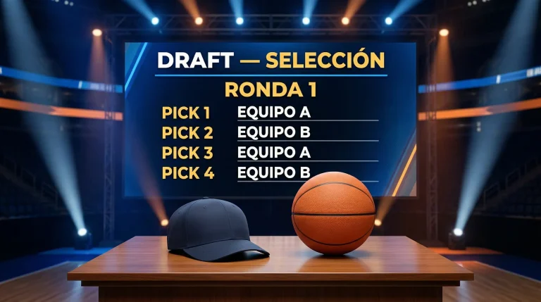 Escenario del draft NBA con gorra de equipo y balón de baloncesto sobre la mesa de selección