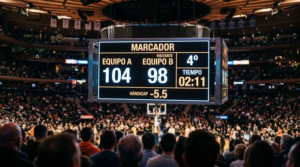 Marcador de un partido de baloncesto NBA mostrando diferencia de puntos entre equipos