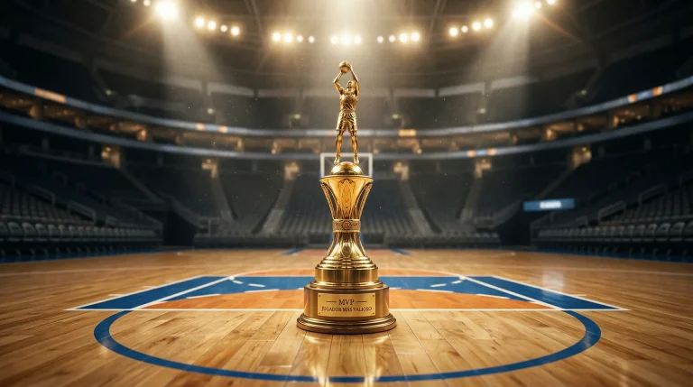 Trofeo del MVP de la NBA sobre una cancha de baloncesto profesional iluminada