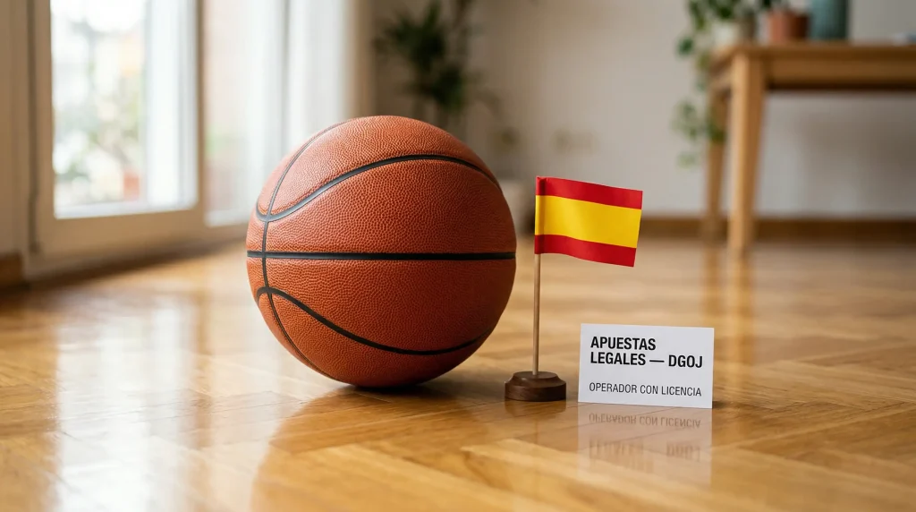 Balón de baloncesto NBA junto a la bandera de España sobre una superficie de parquet