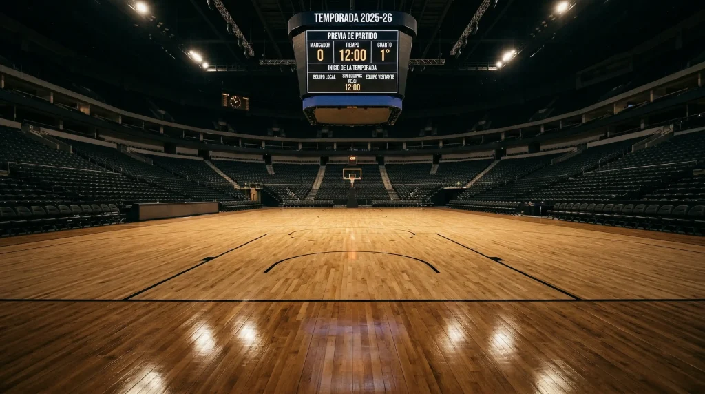 Cancha de baloncesto NBA preparada para el inicio de la temporada con marcador electrónico encendido