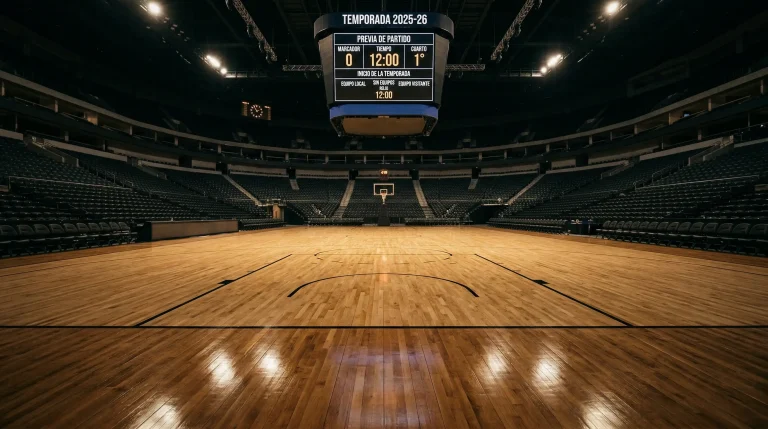 Cancha de baloncesto NBA preparada para el inicio de la temporada con marcador electrónico encendido