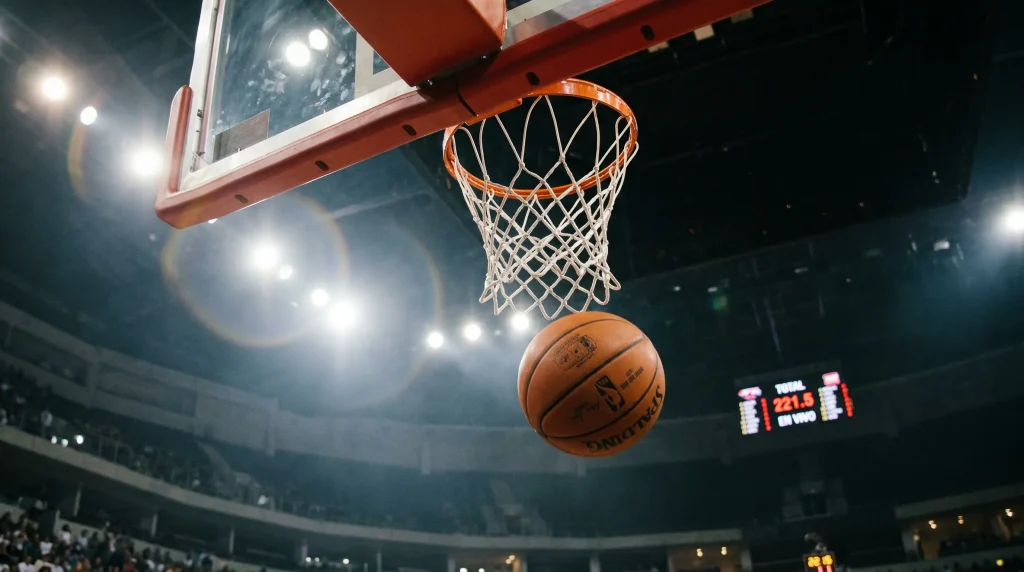 Balón de baloncesto NBA en el aire durante un tiro a canasta en un partido profesional