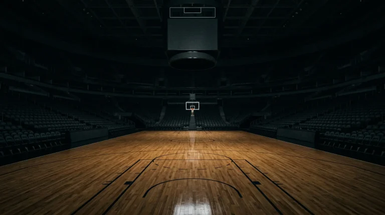 Cancha de baloncesto NBA vacía con marcador electrónico apagado