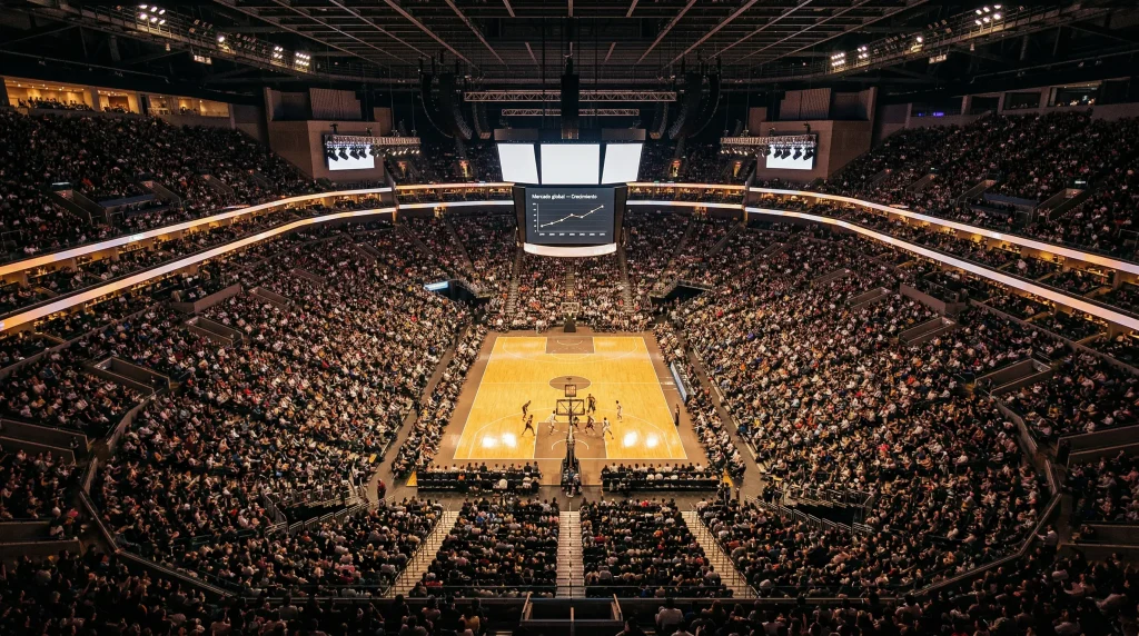 Vista aérea de un pabellón NBA lleno de público durante un partido nocturno