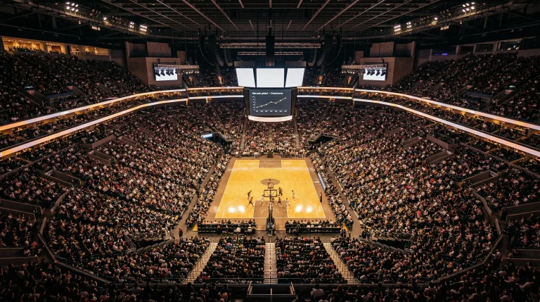 Vista aérea de un pabellón NBA lleno de público durante un partido nocturno