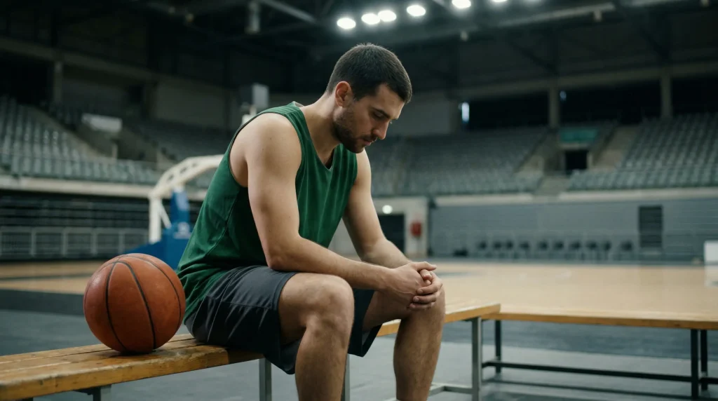 Jugador de baloncesto sentado en el banquillo con expresión reflexiva