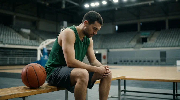 Jugador de baloncesto sentado en el banquillo con expresión reflexiva