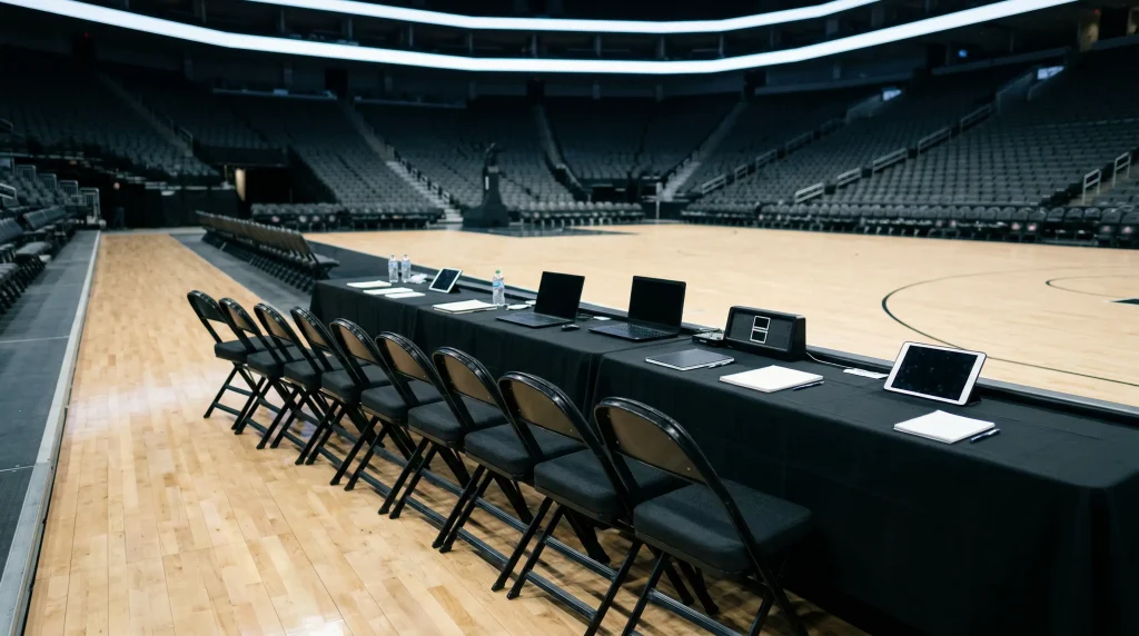Banquillo de equipo NBA vacío en un pabellón durante la temporada regular