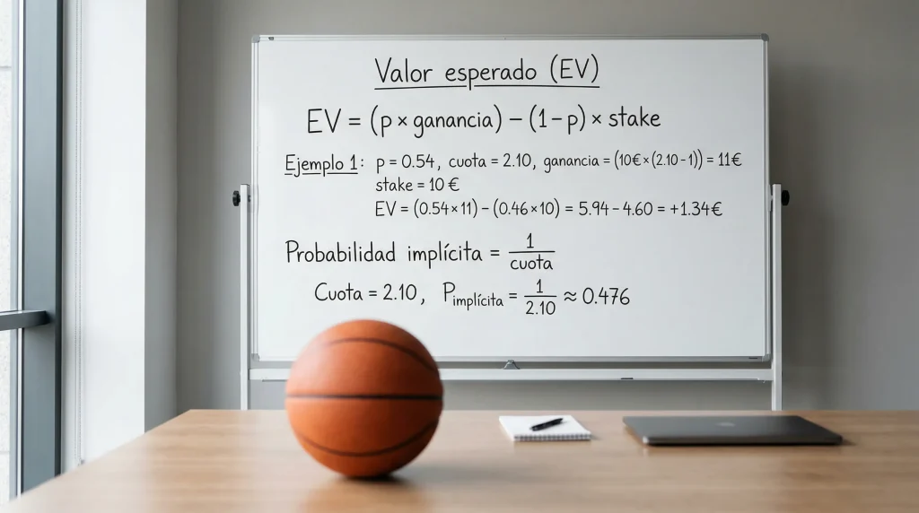 Pizarra con fórmulas de expected value junto a un balón de baloncesto
