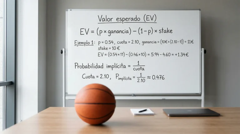 Pizarra con fórmulas de expected value junto a un balón de baloncesto