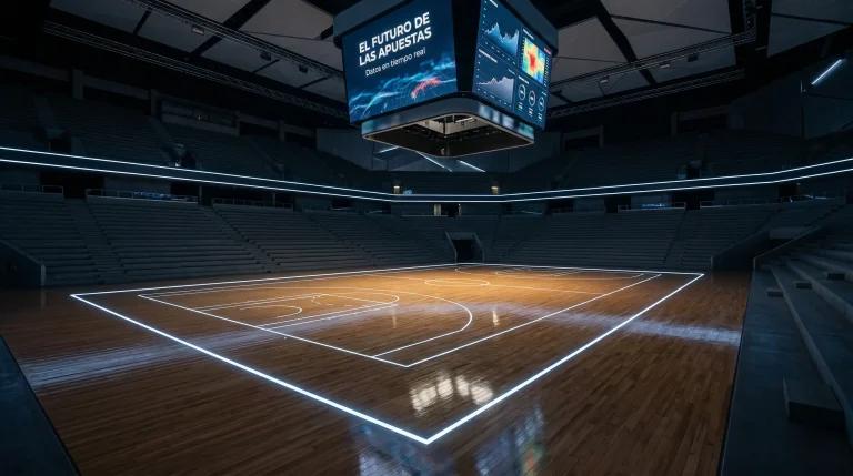 Cancha de baloncesto moderna con iluminación LED y pantallas digitales