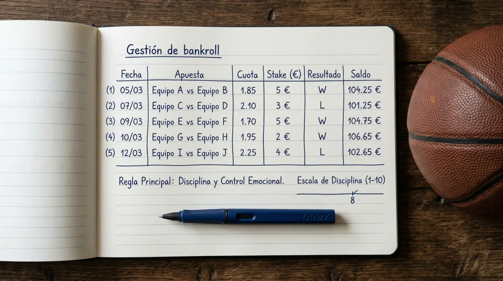 Libreta con cálculos de unidades de apuesta junto a una cancha de baloncesto