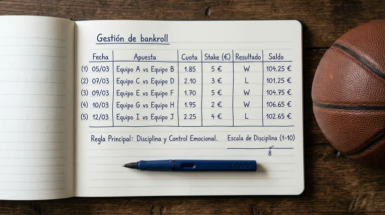 Libreta con cálculos de unidades de apuesta junto a una cancha de baloncesto