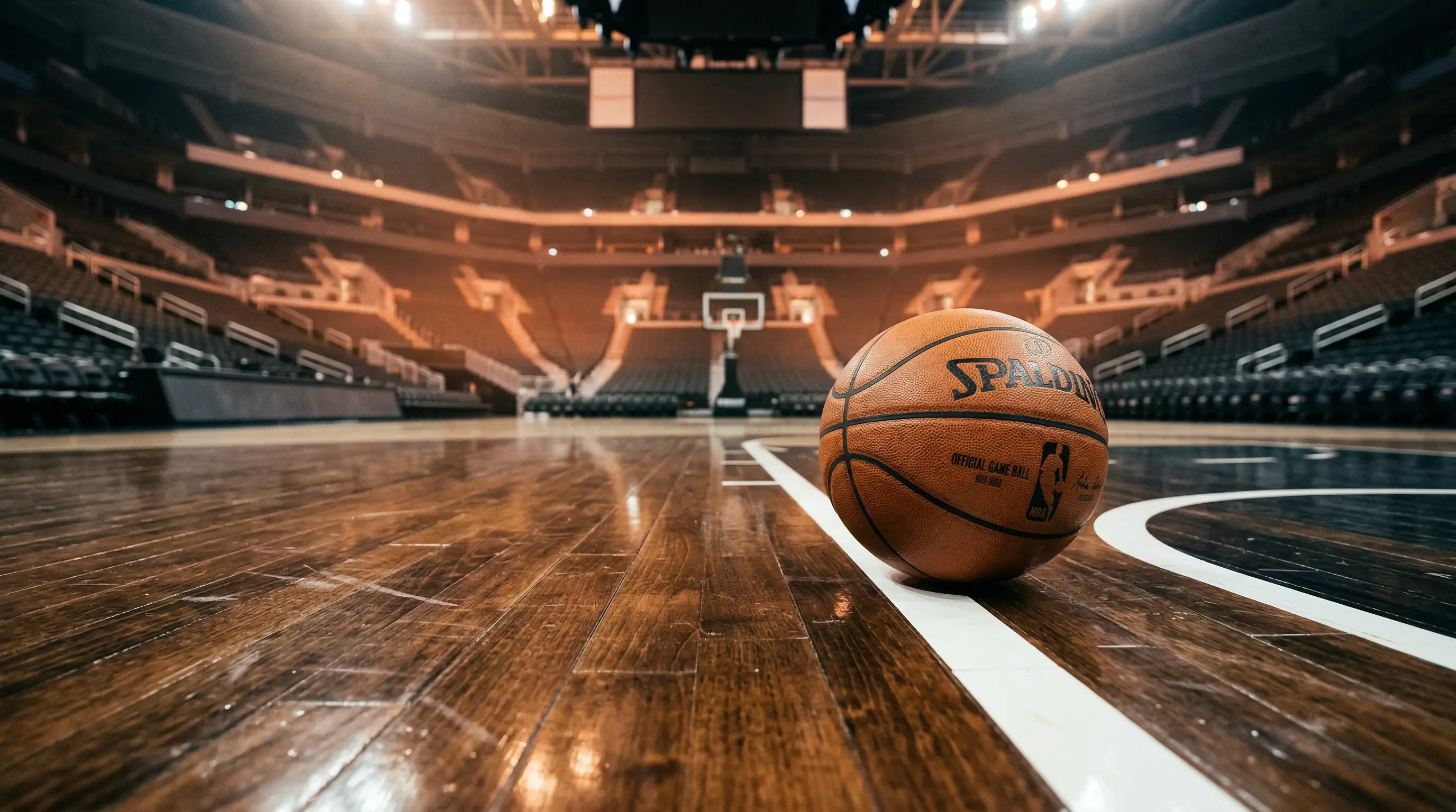 Cancha de baloncesto NBA iluminada durante un partido nocturno