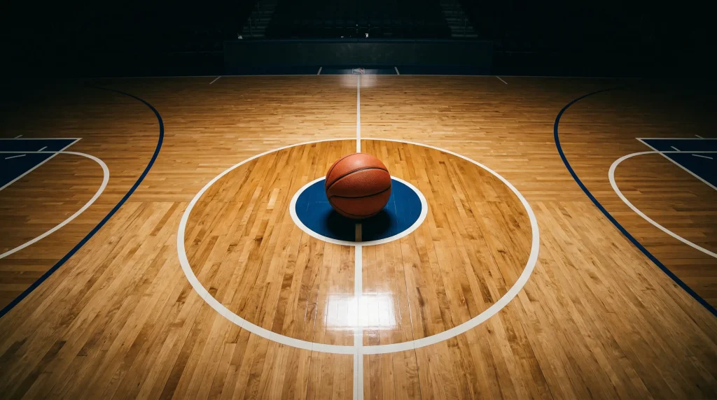 Vista cenital de una cancha de baloncesto NBA con líneas de juego y balón en el centro