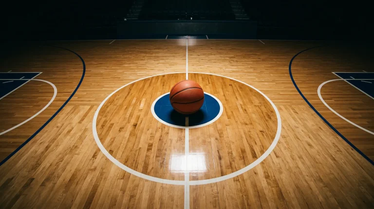 Vista cenital de una cancha de baloncesto NBA con líneas de juego y balón en el centro