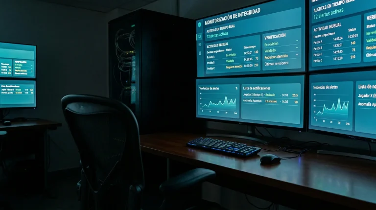 Centro de control con pantallas mostrando datos de apuestas deportivas en tiempo real