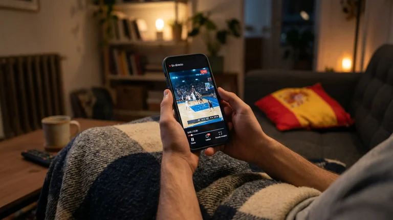 Persona viendo un partido de baloncesto NBA en la pantalla de su teléfono móvil