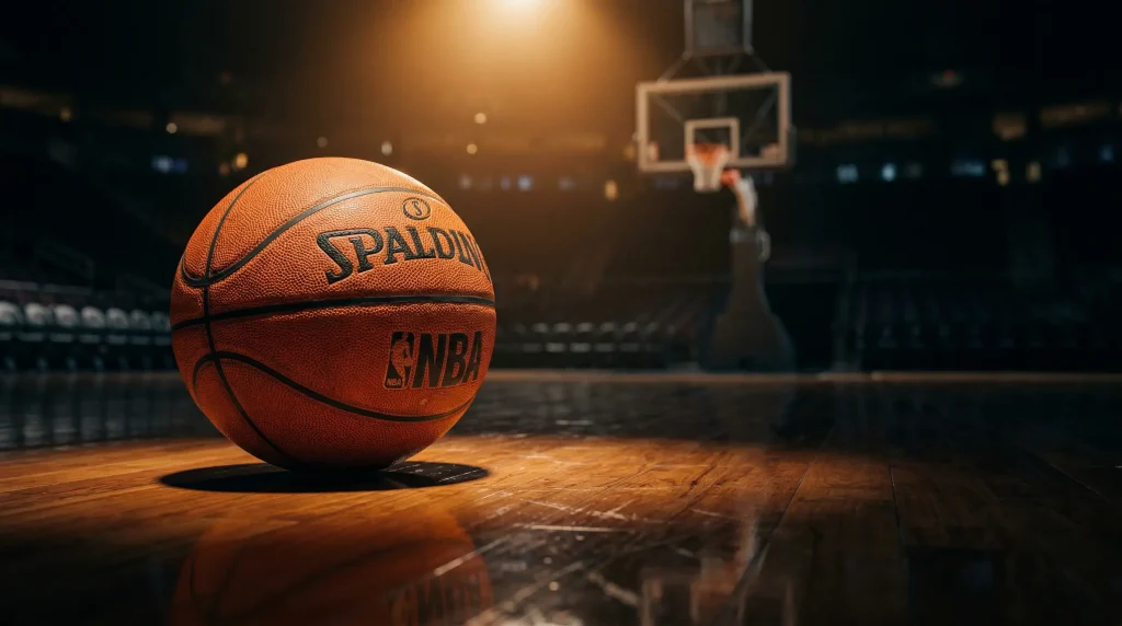 Tipos de apuestas de jugadores NBA con balon de baloncesto en cancha profesional